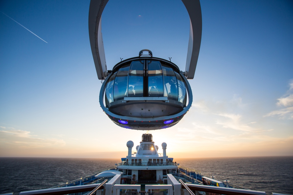 Royal Caribbean International launches Quantum of the Seas, the newest ship in the fleet, in November 2014. View across the pool deck at sunset